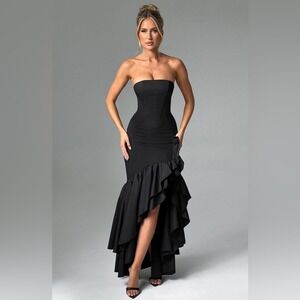 Strapless Black Ruffle-Trim Maxi Gown